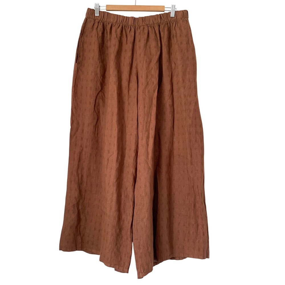 NWT Bryn Walker Flood Pant 1X Brown Embroidered Linen Wide Leg Coastal Lagenlook